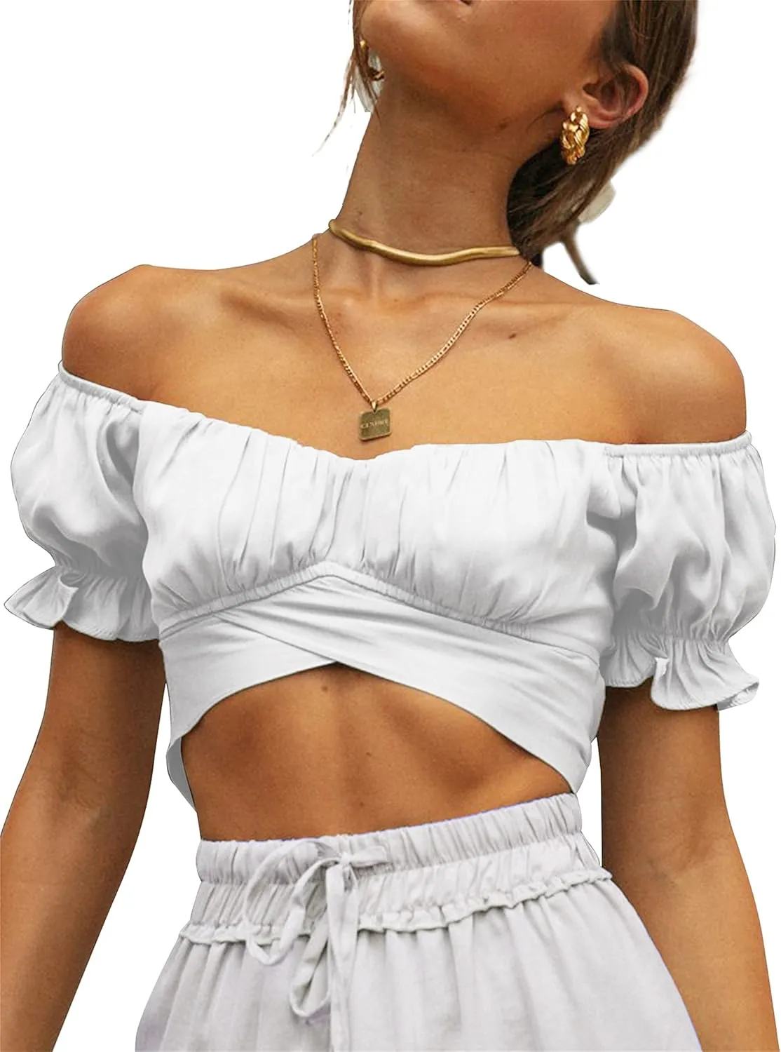 LYANER Women's Ruffle Short Sleeve Tie Up Back Crop Top Off Shoulder Bardot Blouse
