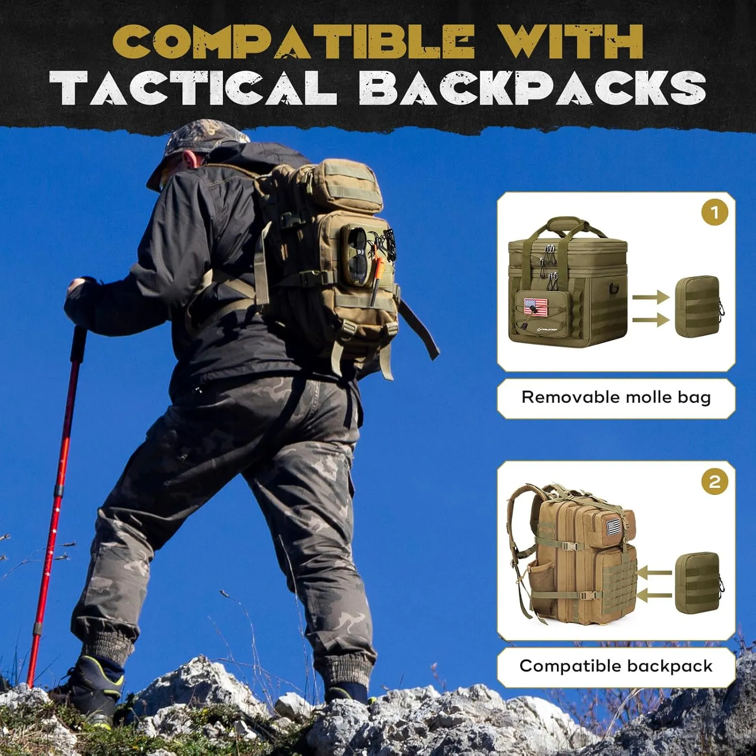 Maelstrom Tactical Lunch Box, 23 L Insulated Lunch Bag for Men, Expandable Double Deck Lunch Cooler Bag,Large Leakproof Soft Lunch Tote with Detachable MOLLE Bags, for Adult Women Work,Picnic,Khaki