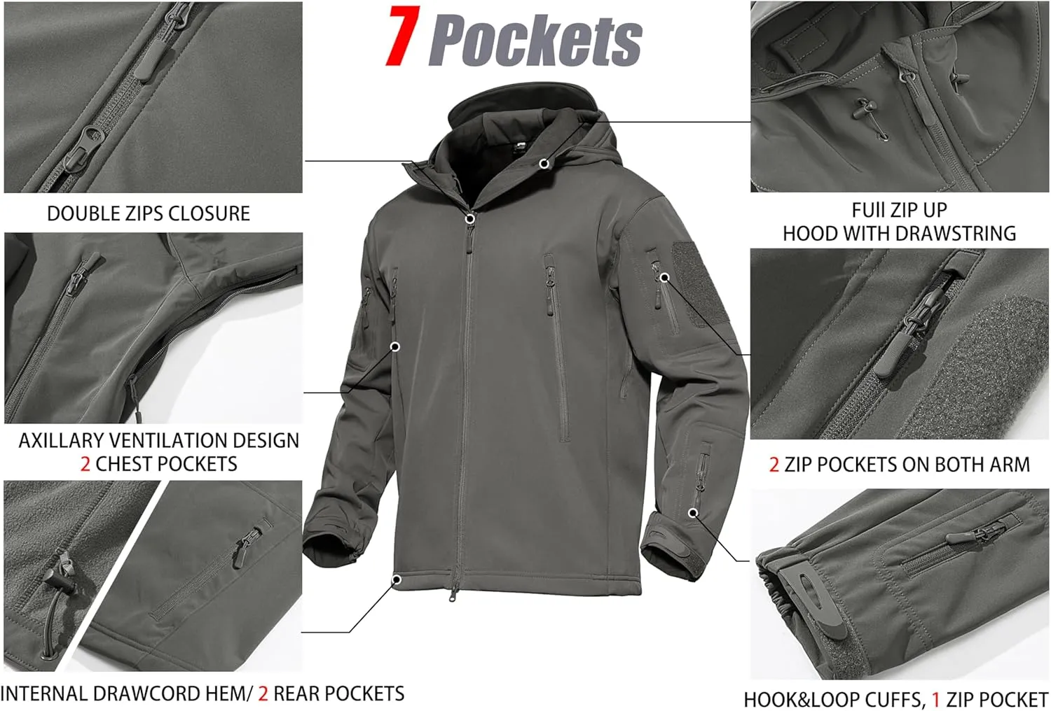 MAGCOMSEN Men's Tactical Jacket 7 Pockets Performance Fleece Lined Water Resistant Soft Shell Winter Coats