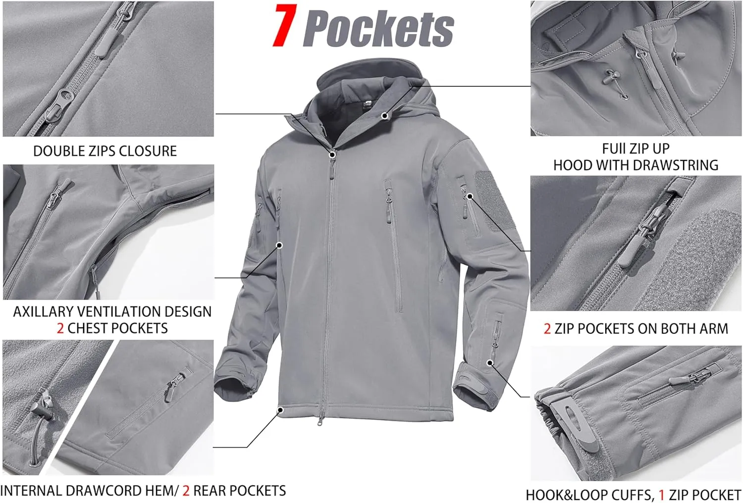 MAGCOMSEN Men's Tactical Jacket 7 Pockets Performance Fleece Lined Water Resistant Soft Shell Winter Coats