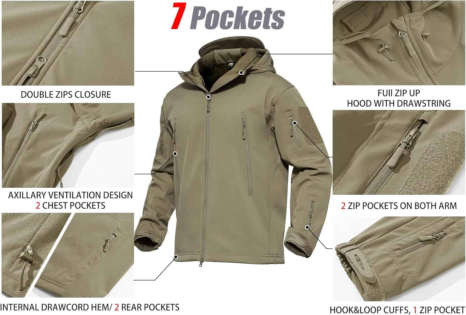 MAGCOMSEN Men's Tactical Jacket 7 Pockets Performance Fleece Lined Water Resistant Soft Shell Winter Coats