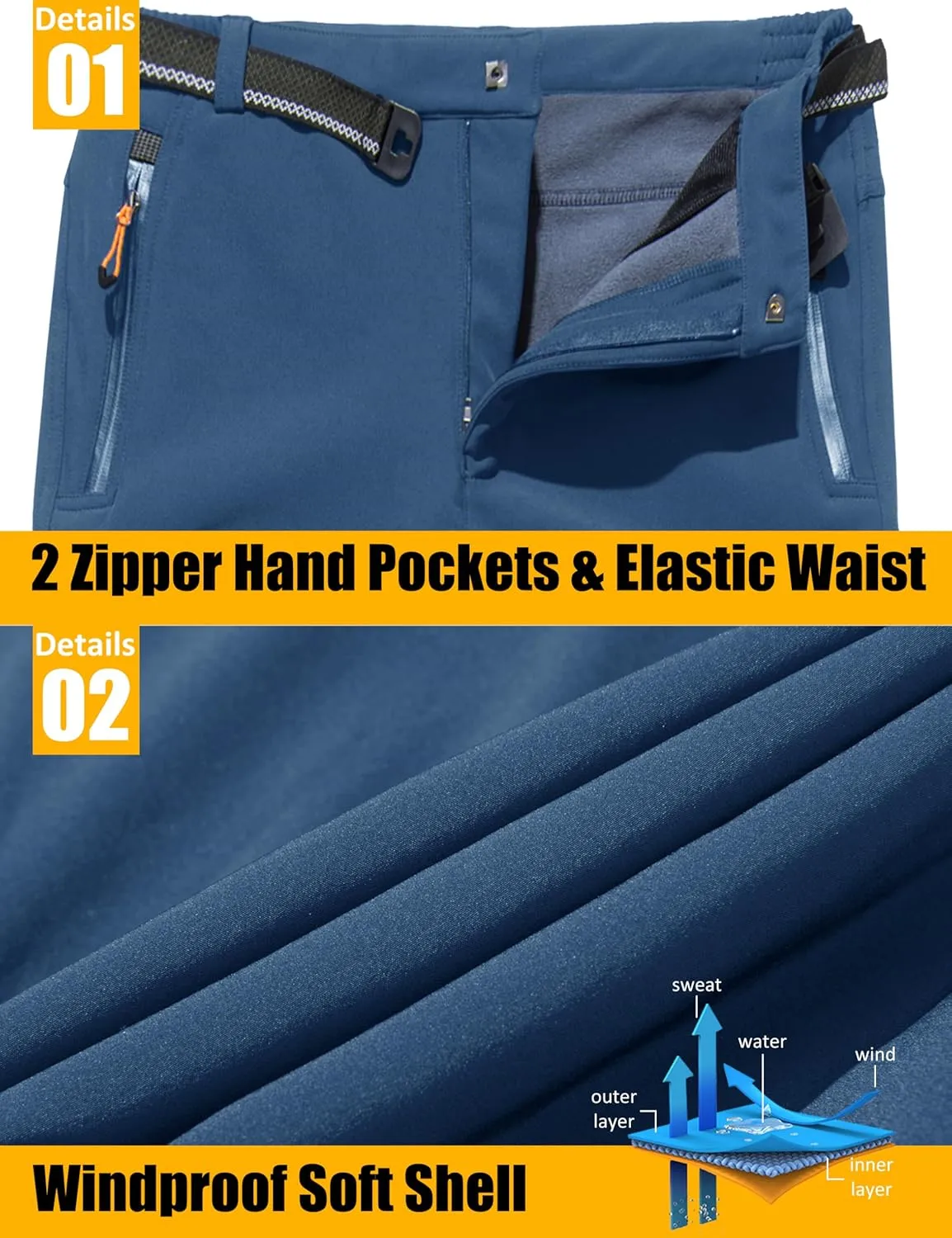 MAGCOMSEN Men's Winter Pants Fleece Lined Ski Snow Pants Water Resistant 4 Zip Pockets Outdoor Pants