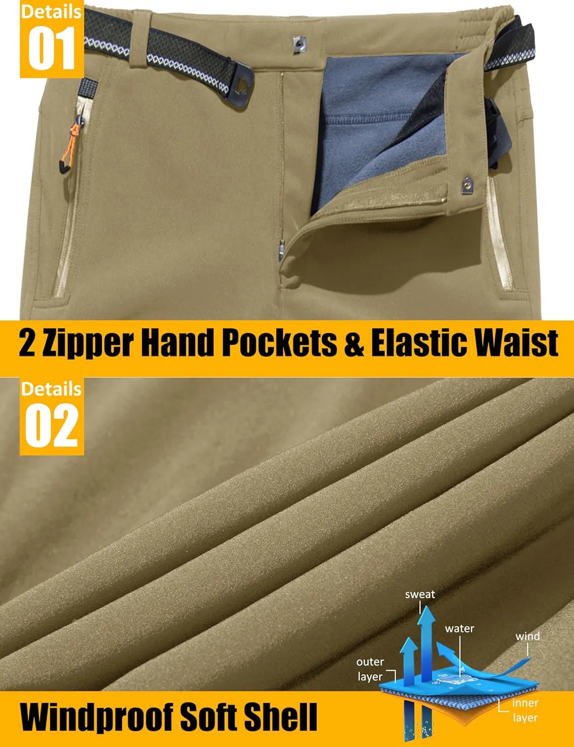 MAGCOMSEN Men's Winter Pants Fleece Lined Ski Snow Pants Water Resistant 4 Zip Pockets Outdoor Pants