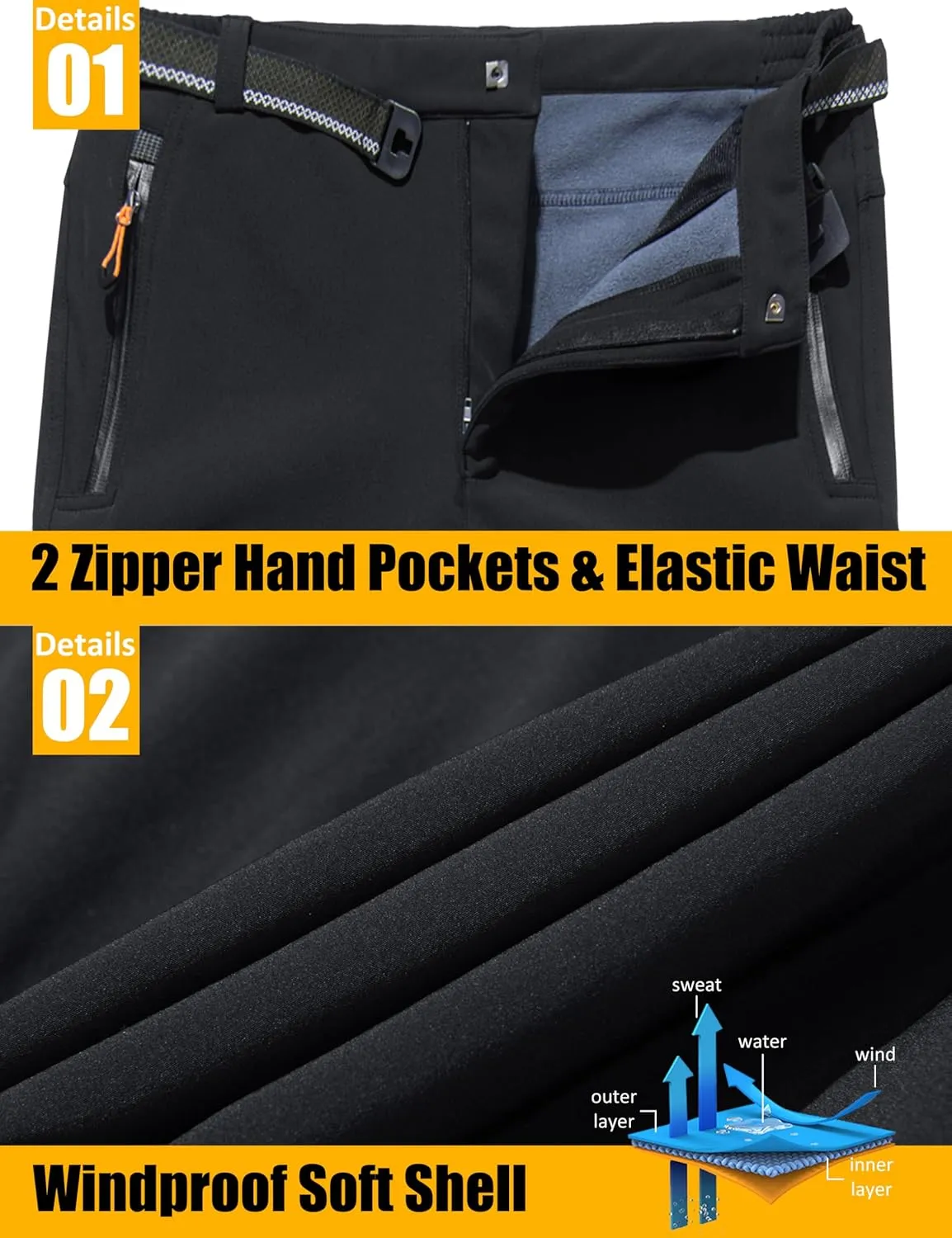 MAGCOMSEN Men's Winter Pants Fleece Lined Ski Snow Pants Water Resistant 4 Zip Pockets Outdoor Pants