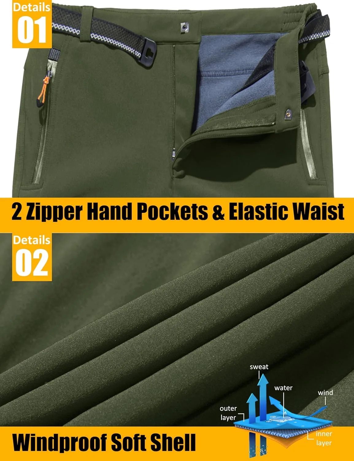 MAGCOMSEN Men's Winter Pants Fleece Lined Ski Snow Pants Water Resistant 4 Zip Pockets Outdoor Pants