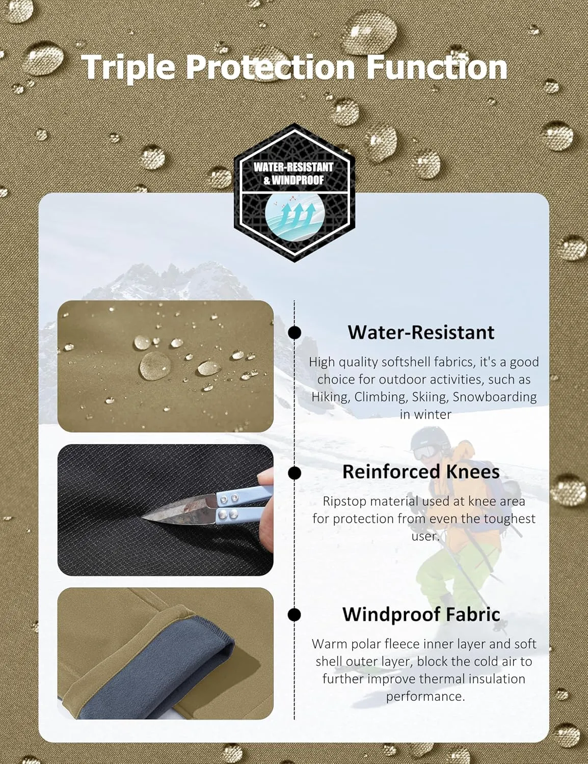 MAGCOMSEN Men's Winter Pants Fleece Lined Ski Snow Pants Water Resistant 4 Zip Pockets Outdoor Pants