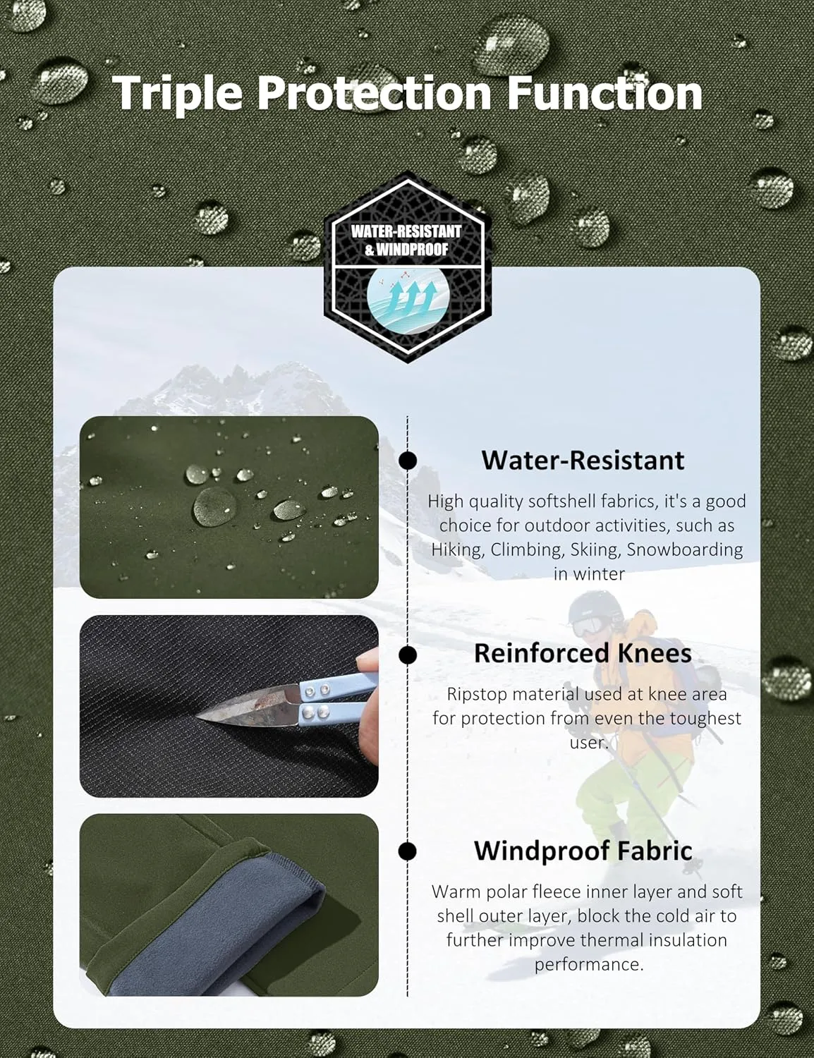 MAGCOMSEN Men's Winter Pants Fleece Lined Ski Snow Pants Water Resistant 4 Zip Pockets Outdoor Pants
