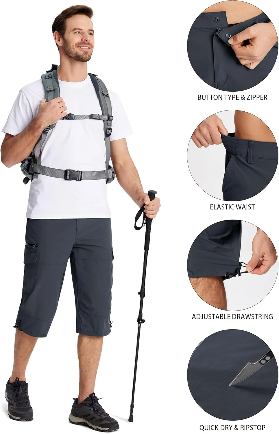 MAGCOMSEN Men's Workout Shorts 7 Pockets Quick Dry 3/4 Capri Pants Zipper Pockets Hiking Athletic Shorts