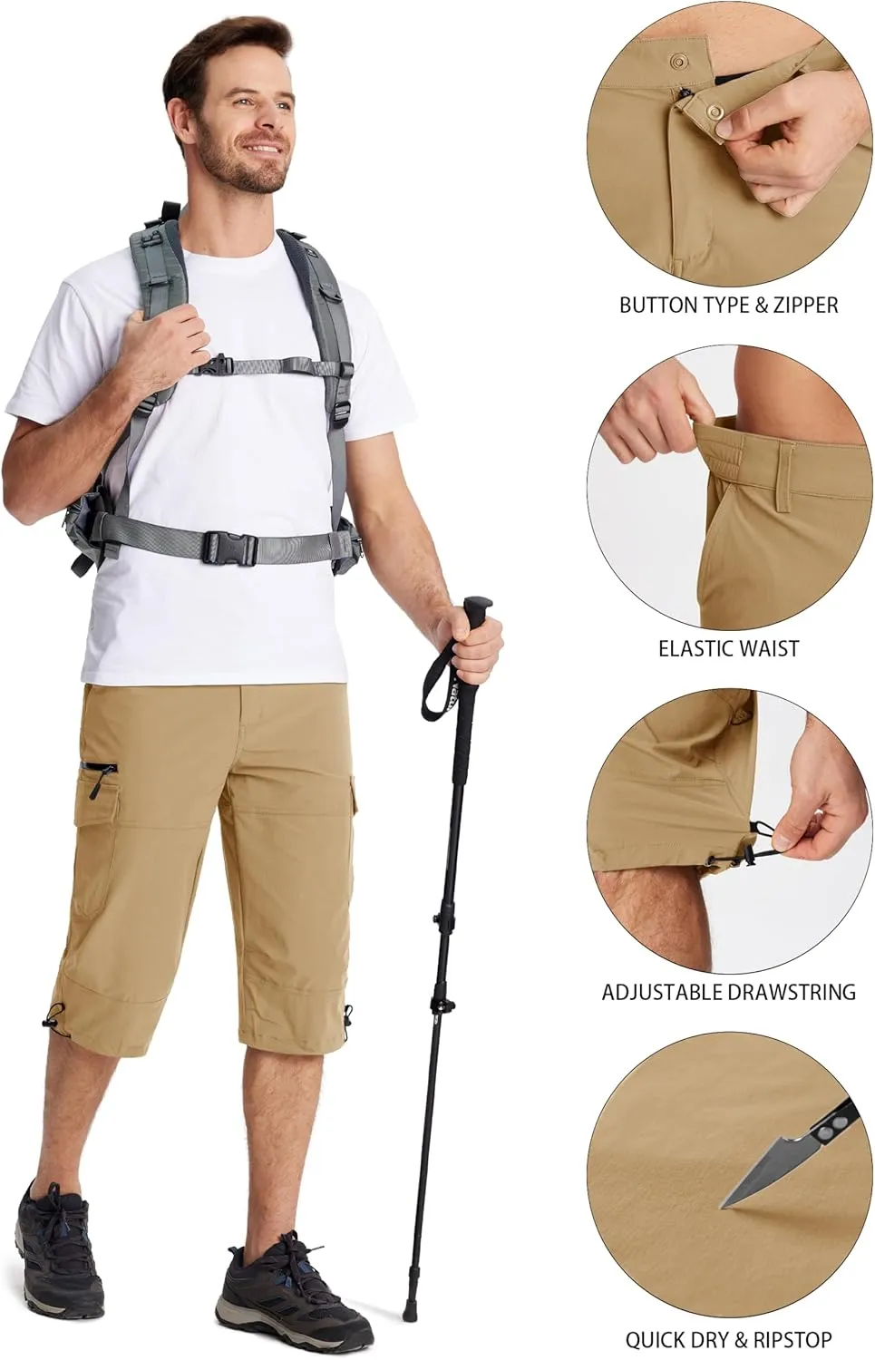 MAGCOMSEN Men's Workout Shorts 7 Pockets Quick Dry 3/4 Capri Pants Zipper Pockets Hiking Athletic Shorts
