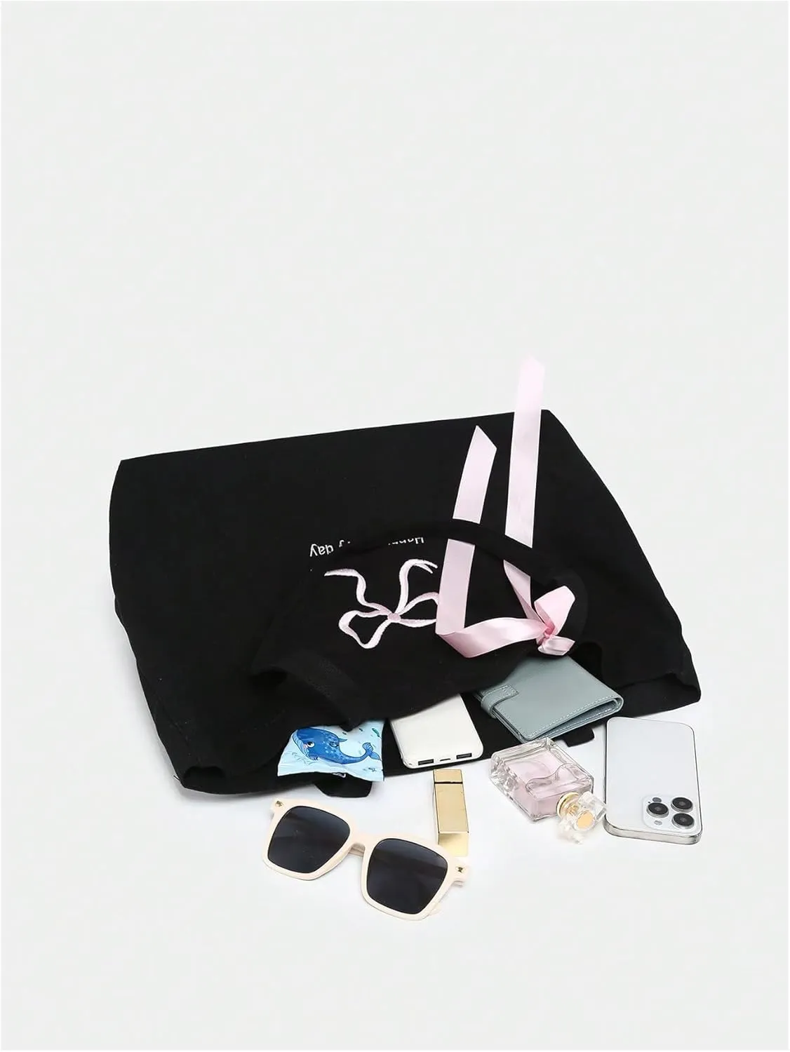MakeMeChic Women's Letter Embroidery Bow Knot Double Strap Foldable Large Tote Bags