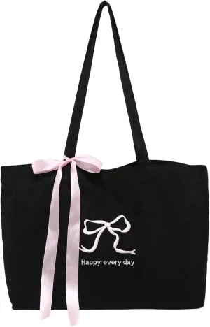 MakeMeChic Women's Letter Embroidery Bow Knot Double Strap Foldable Large Tote Bags