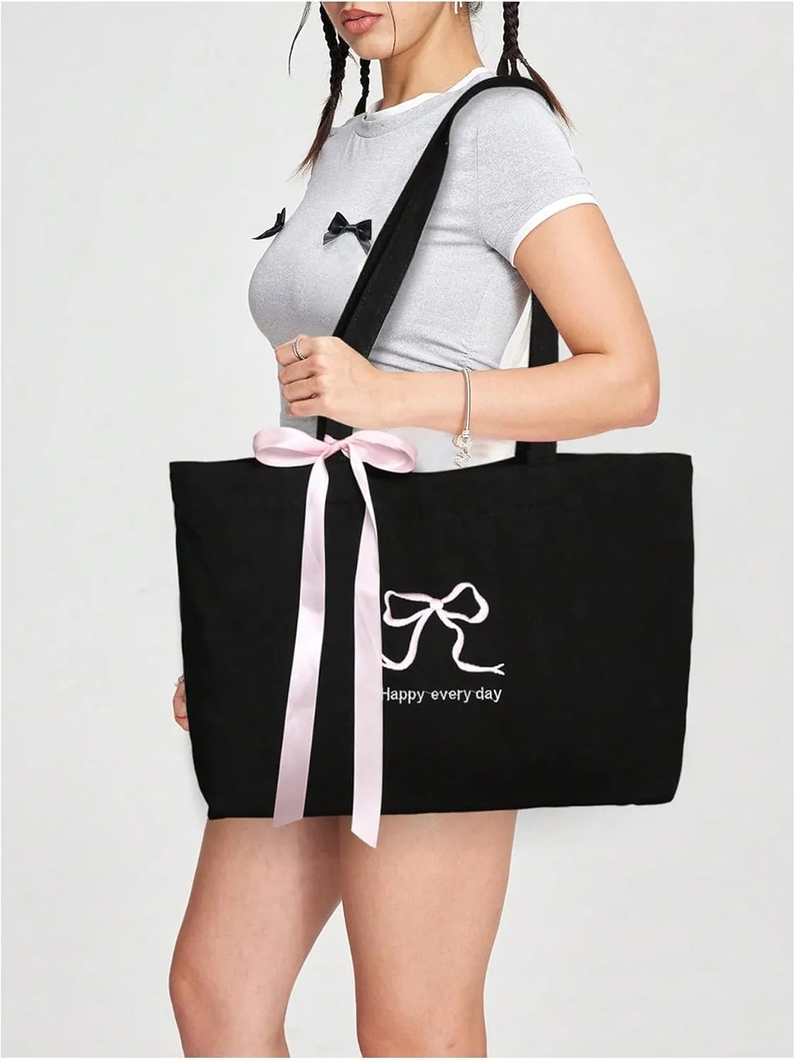 MakeMeChic Women's Letter Embroidery Bow Knot Double Strap Foldable Large Tote Bags