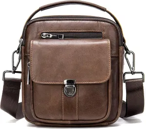 Man Purses and Bags Small Mini Genuine Leather Messenger and Shoulder Bag for Men with lots of Zipper Pockets
