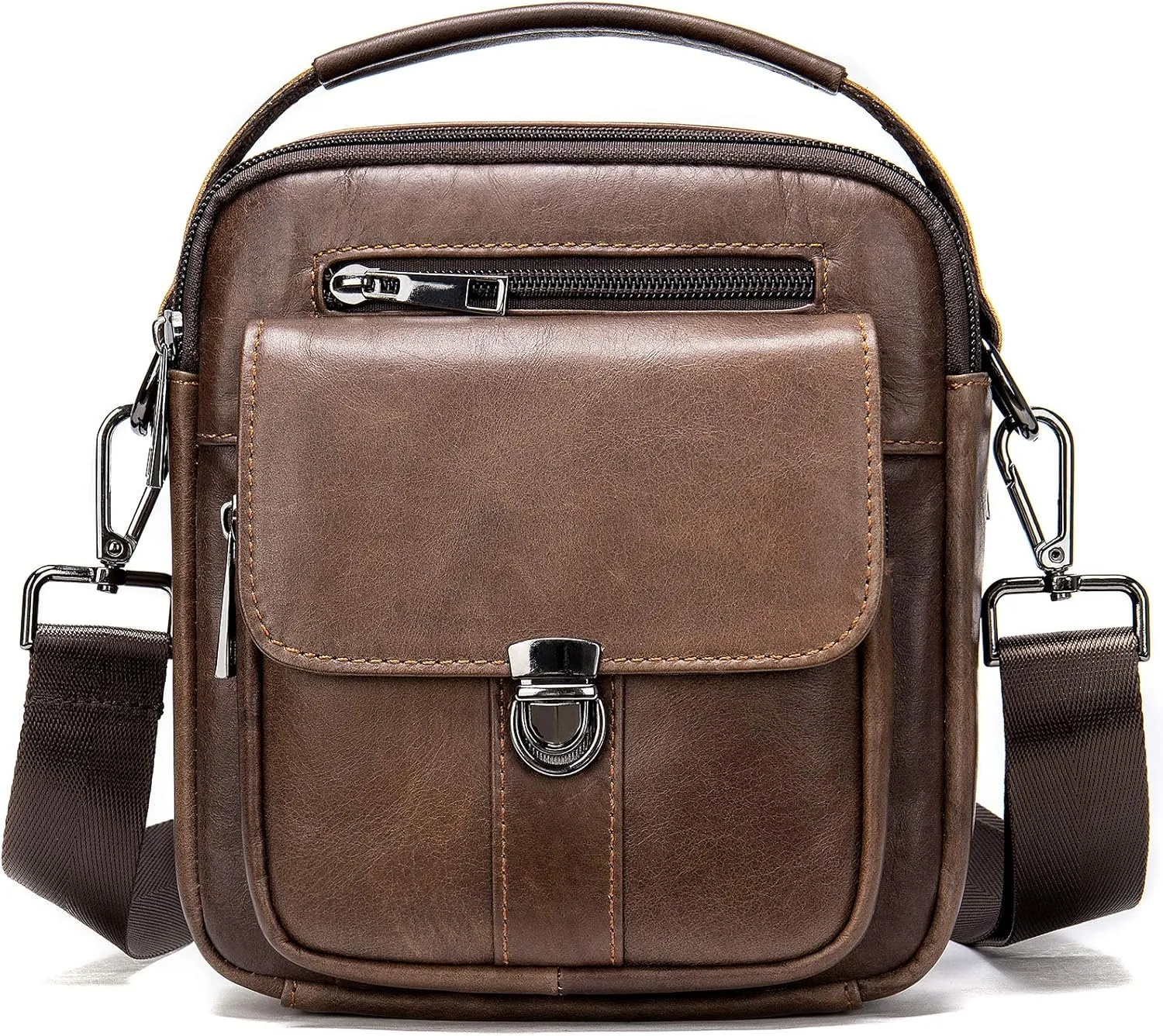 Man Purses and Bags Small Mini Genuine Leather Messenger and Shoulder Bag for Men with lots of Zipper Pockets