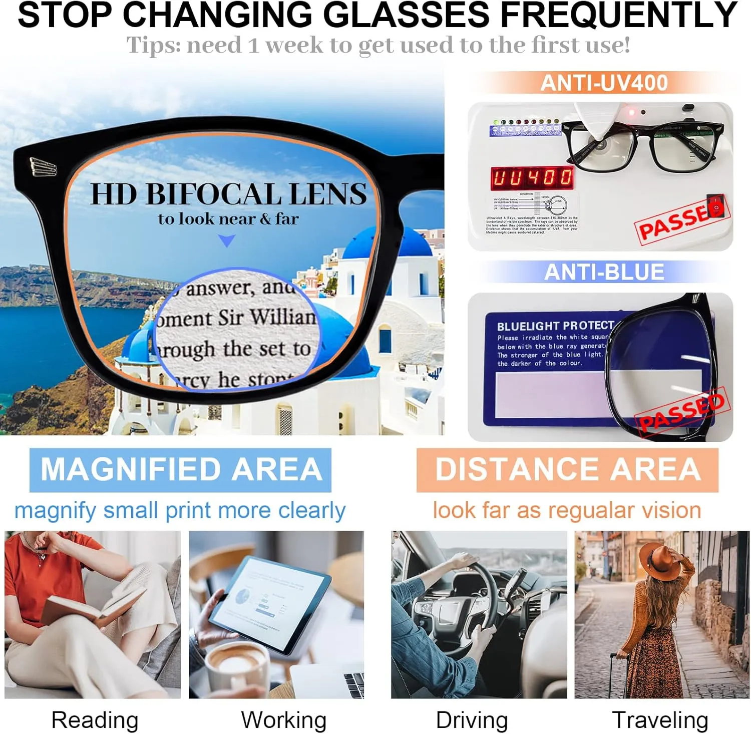 MARE AZZURO Bifocal Reading Glasses Women Blue Light Blocking Readers Large Outdoor reader 1.0 1.5 2.0 2.5 3.0 3.5