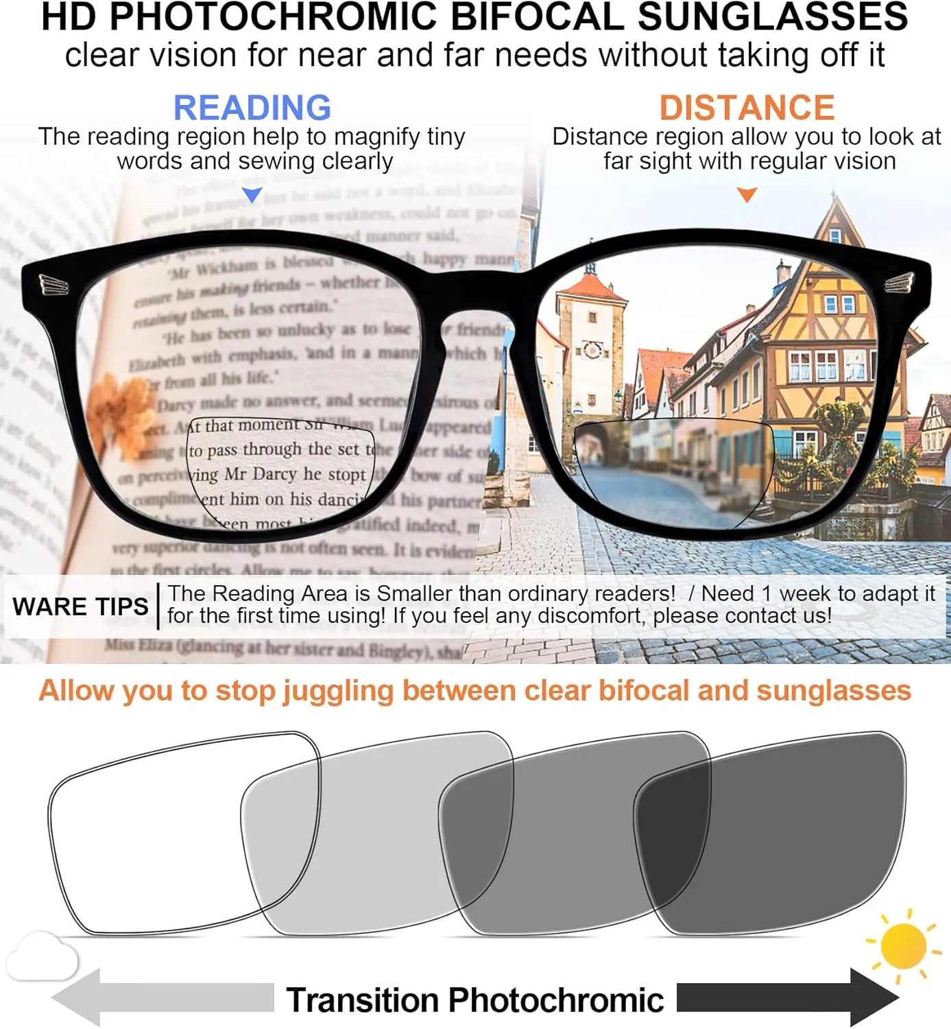 MARE AZZURO Photochromic Bifocal Reading Glasses Women Blue Light Blocking Square Readers Sunglasses 1.0 1.5 2.0 2.5 3.0 3.5 4.0 (Black, 1.50)