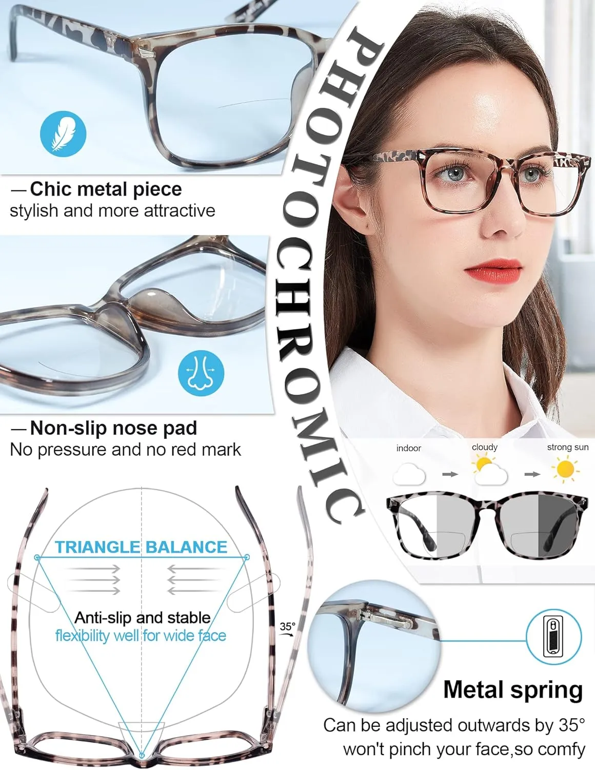 MARE AZZURO Photochromic Bifocal Reading Glasses Women Blue Light Blocking Square Readers Sunglasses 1.00 1.50 2.00 2.50 3.00 3.50 4.0 (Leopard, 2.5)