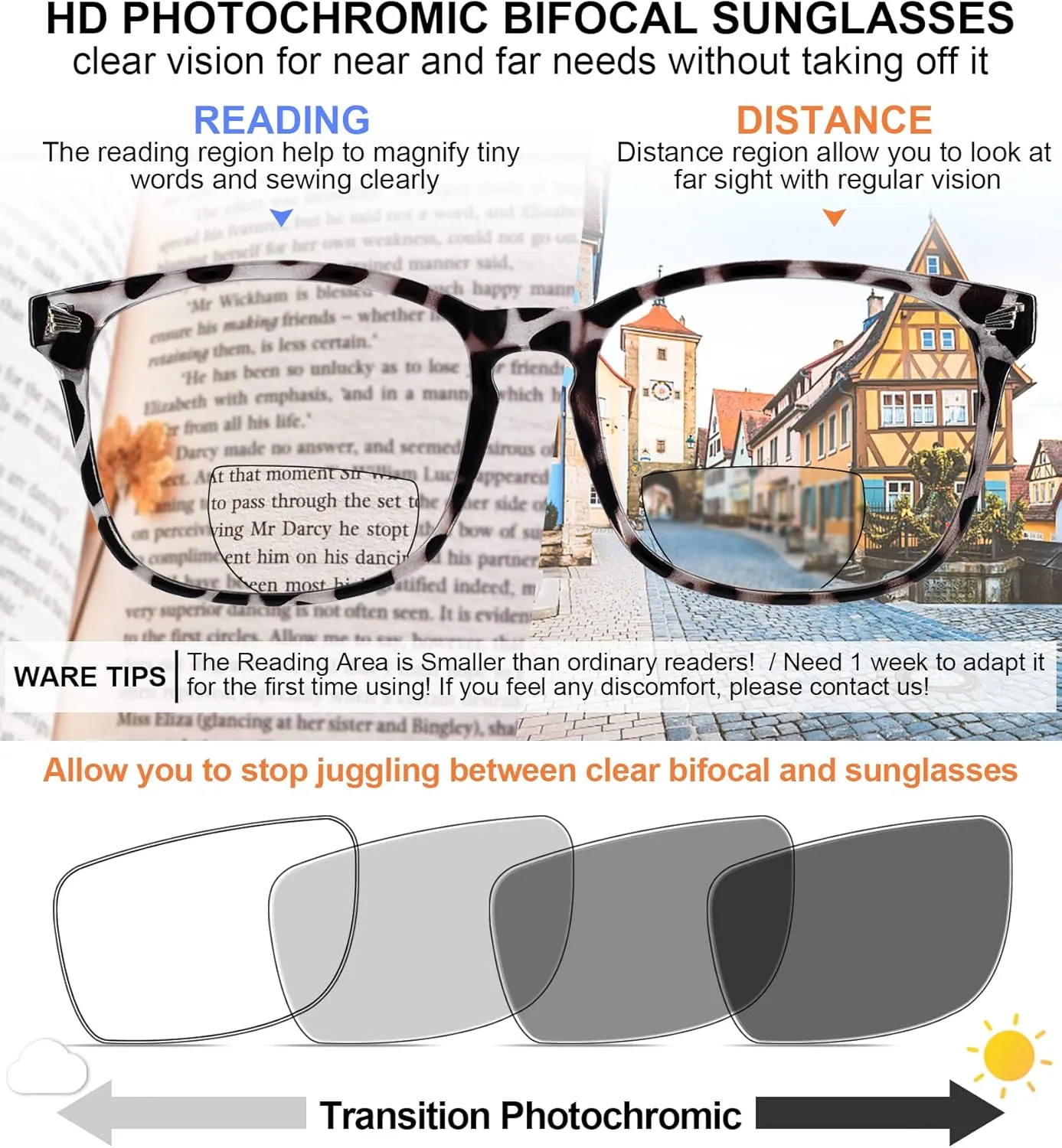 MARE AZZURO Photochromic Bifocal Reading Glasses Women Blue Light Blocking Square Readers Sunglasses 1.00 1.50 2.00 2.50 3.00 3.50 4.0 (Leopard, 2.5)