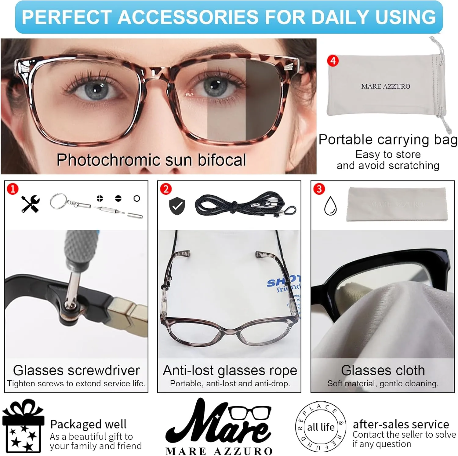 MARE AZZURO Photochromic Bifocal Reading Glasses Women Blue Light Blocking Square Readers Sunglasses 1.00 1.50 2.00 2.50 3.00 3.50 4.0 (Leopard, 2.5)