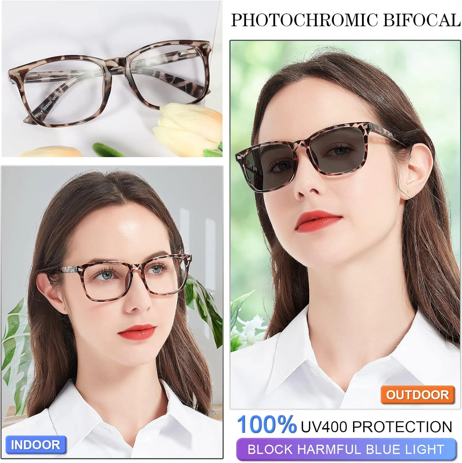 MARE AZZURO Photochromic Bifocal Reading Glasses Women Blue Light Blocking Square Readers Sunglasses 1.00 1.50 2.00 2.50 3.00 3.50 4.0 (Leopard, 2.5)