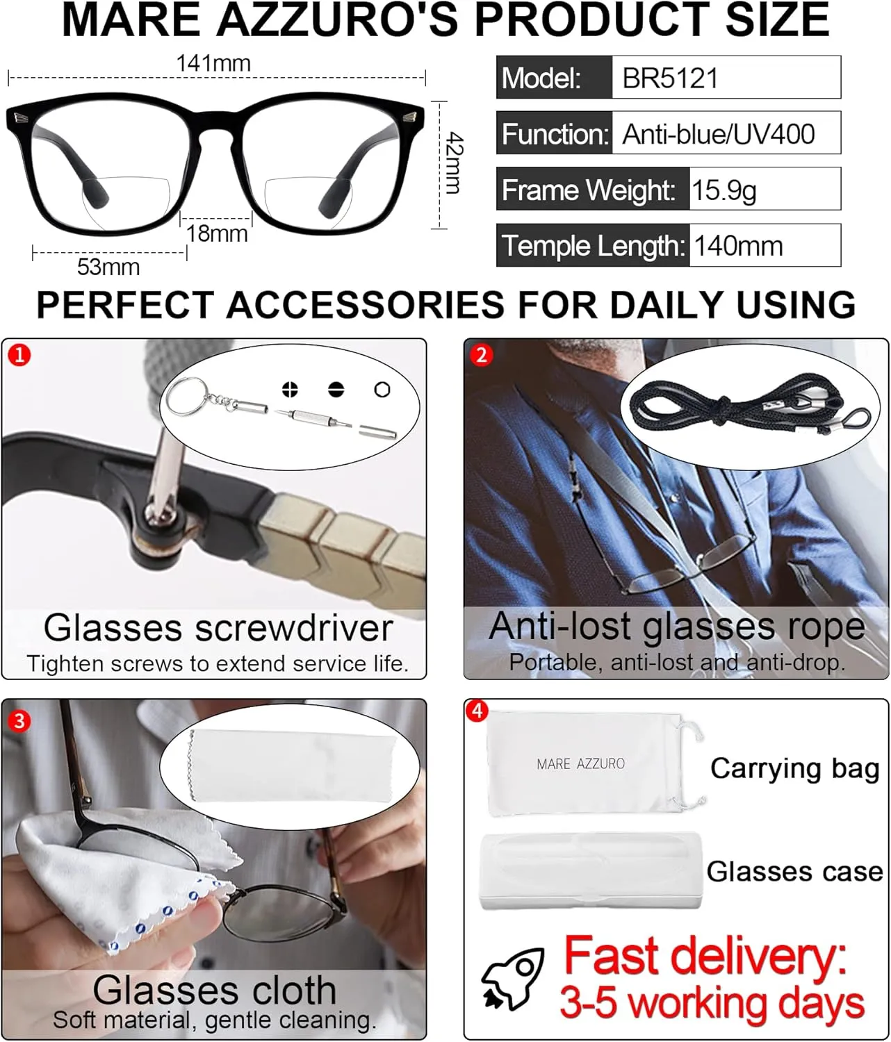 MARE AZZURO Trendy Bifocal Reading Glasses Men Blue Light Blocking Outdoor Readers 1.0 1.25 1.5 1.75 2.0 2.25 2.5 2.75 3.0 3.5 (Black, 3.00)