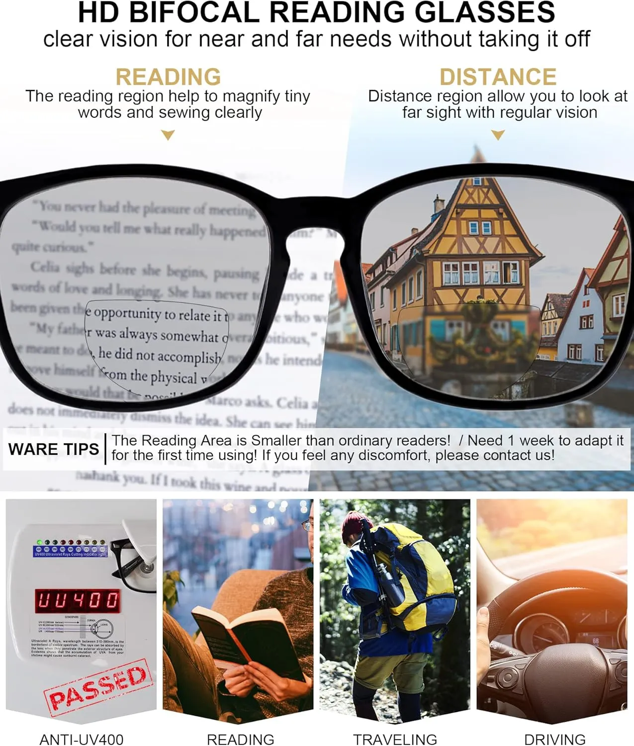 MARE AZZURO Trendy Bifocal Reading Glasses Men Blue Light Blocking Outdoor Readers 1.0 1.25 1.5 1.75 2.0 2.25 2.5 2.75 3.0 3.5 (Black, 3.00)