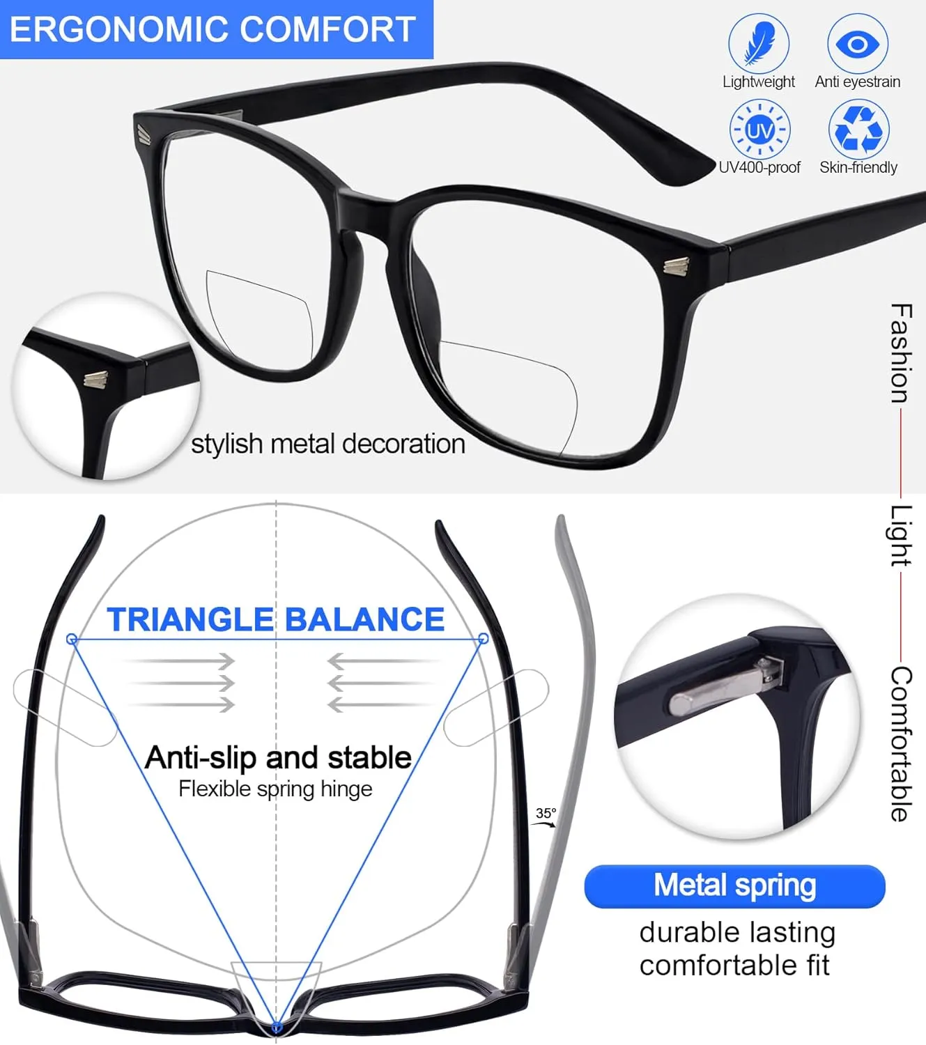 MARE AZZURO Trendy Bifocal Reading Glasses Men Blue Light Blocking Outdoor Readers 1.0 1.25 1.5 1.75 2.0 2.25 2.5 2.75 3.0 3.5 (Black, 3.00)