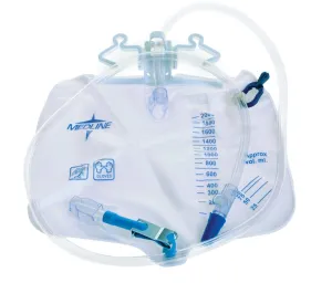 Medline Urinary Drain Bags, Anti-Reflux Tower, 2,000 mL Capacity, Metal Clamp, Reinforced Hanger, Adjustable Bed Sheet Clamp, Case of 20 Each