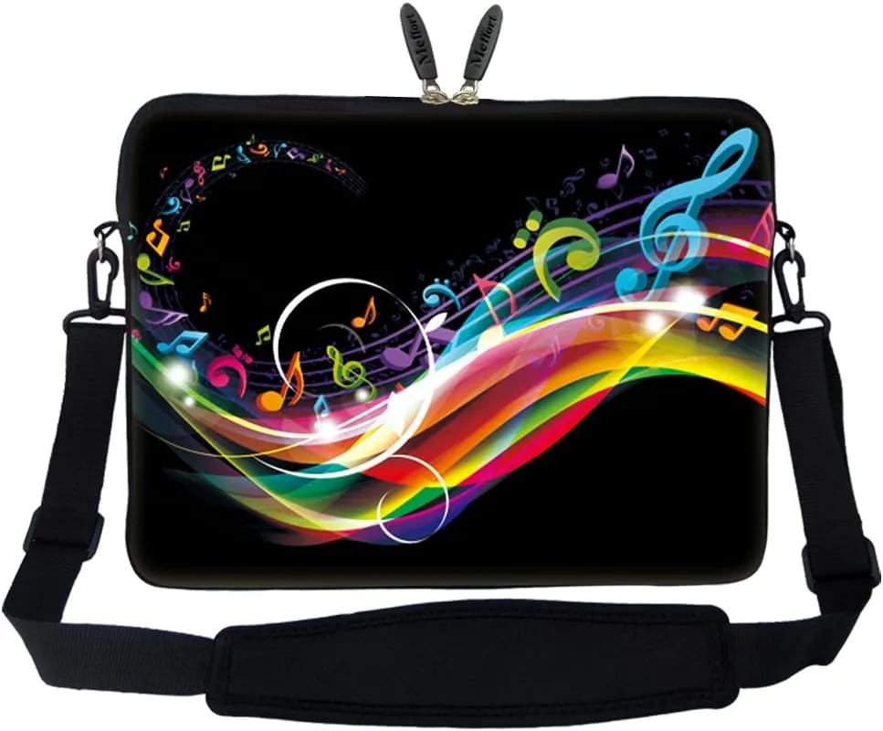Meffort Inc 15 15.6 inch Neoprene Laptop Sleeve Bag Carrying Case with Hidden Handle and Adjustable Shoulder Strap - Rainbow Music Note