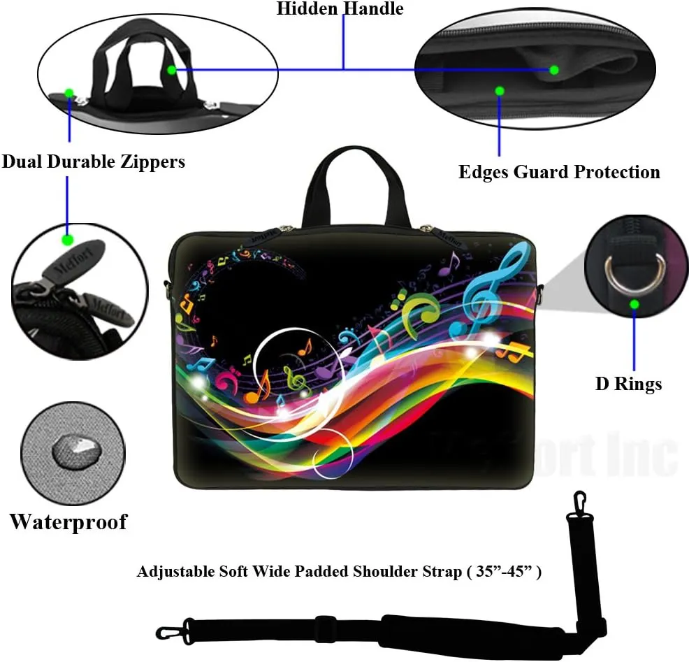 Meffort Inc 15 15.6 inch Neoprene Laptop Sleeve Bag Carrying Case with Hidden Handle and Adjustable Shoulder Strap - Rainbow Music Note