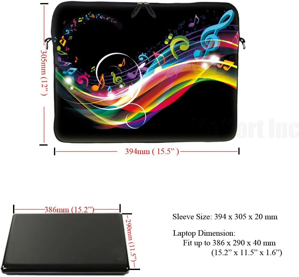 Meffort Inc 15 15.6 inch Neoprene Laptop Sleeve Bag Carrying Case with Hidden Handle and Adjustable Shoulder Strap - Rainbow Music Note