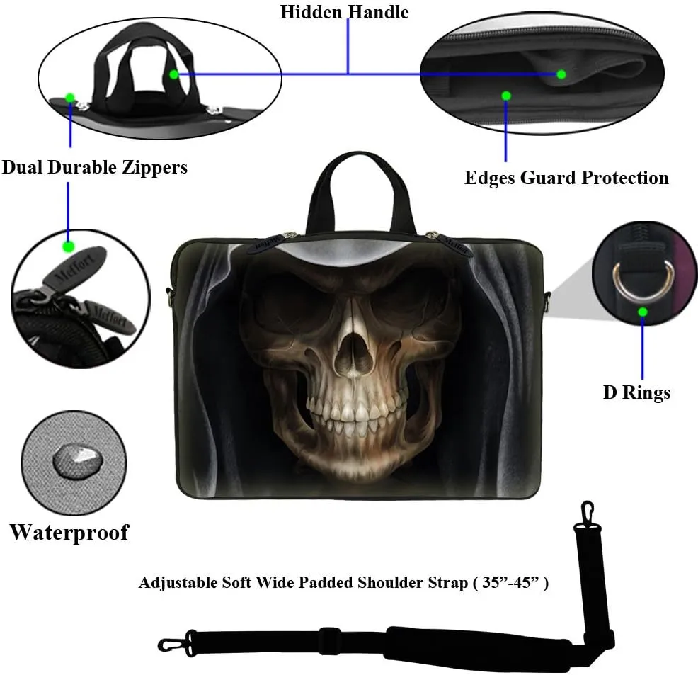Meffort Inc 17 17.3 inch Neoprene Laptop Sleeve Bag Carrying Case with Hidden Handle and Adjustable Shoulder Strap - Skull Face Design