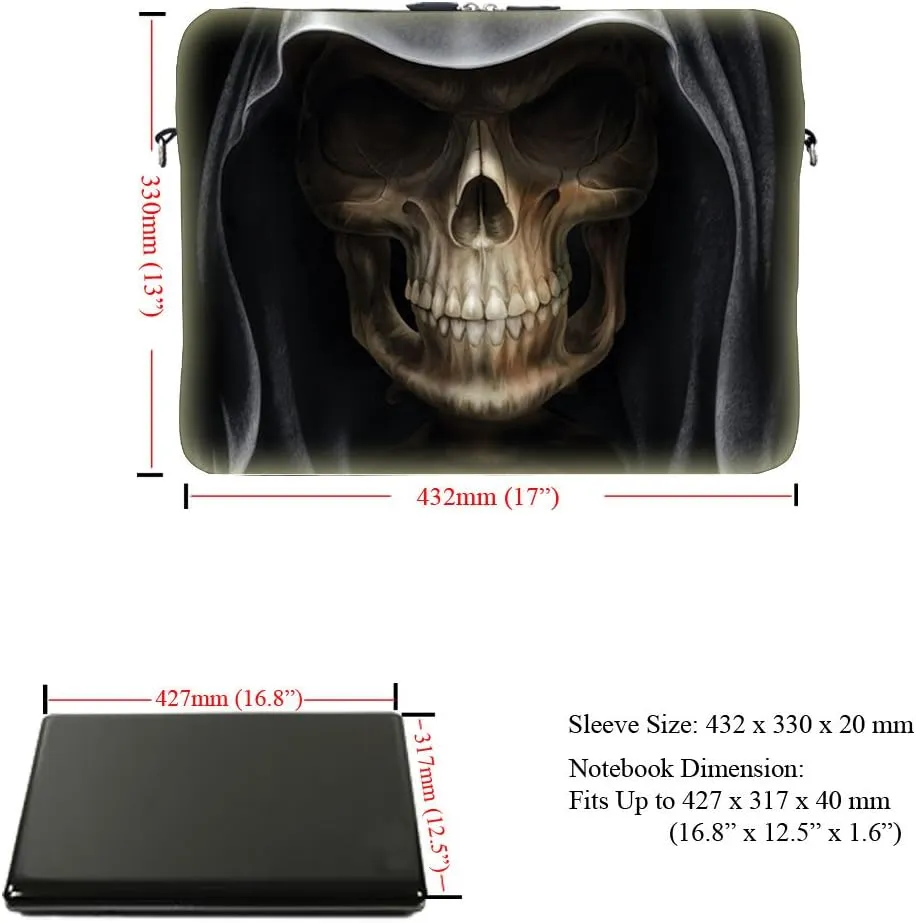 Meffort Inc 17 17.3 inch Neoprene Laptop Sleeve Bag Carrying Case with Hidden Handle and Adjustable Shoulder Strap - Skull Face Design