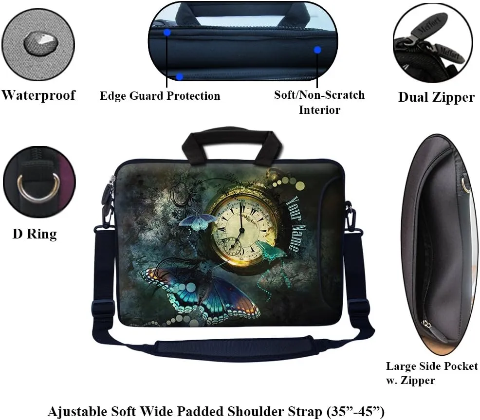 Meffort Inc Custom/Personalized Laptop Bag with Side Pocket & Shoulder Strap for Notebook Ultrabook Chromebook, Customized Your Name (13.3 Inch, Butterfly Clock Design)