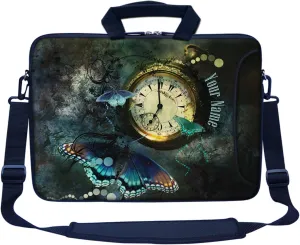 Meffort Inc Custom/Personalized Laptop Bag with Side Pocket & Shoulder Strap for Notebook Ultrabook Chromebook, Customized Your Name (13.3 Inch, Butterfly Clock Design)