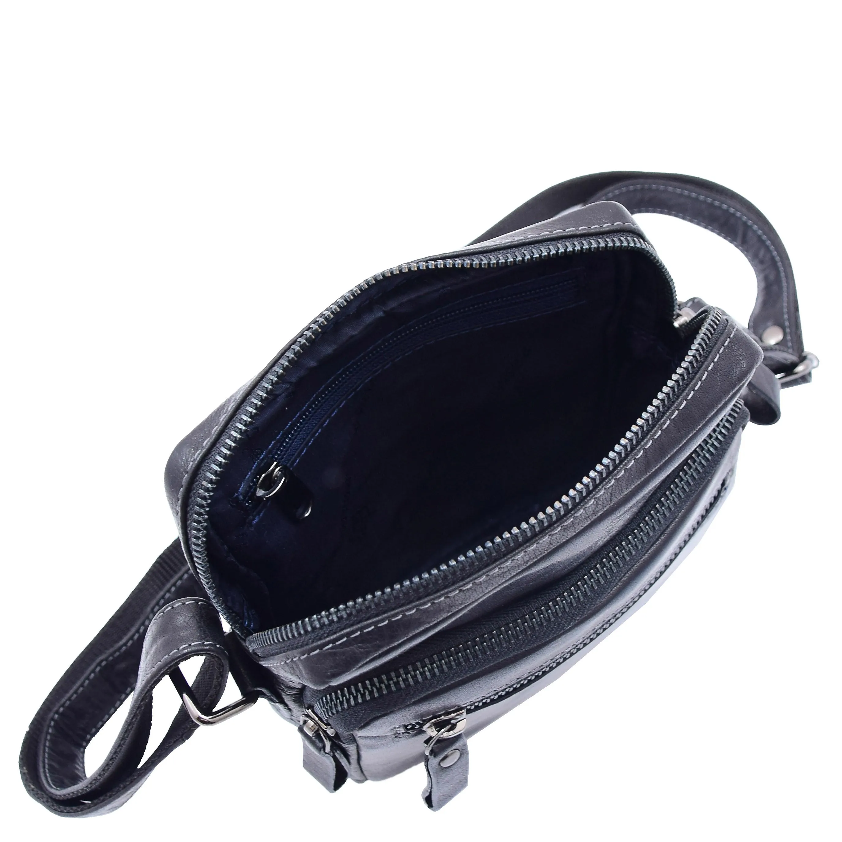 Mens Black Leather Cross Body Flight Bag Multi Zip Pockets Pouch Cooper
