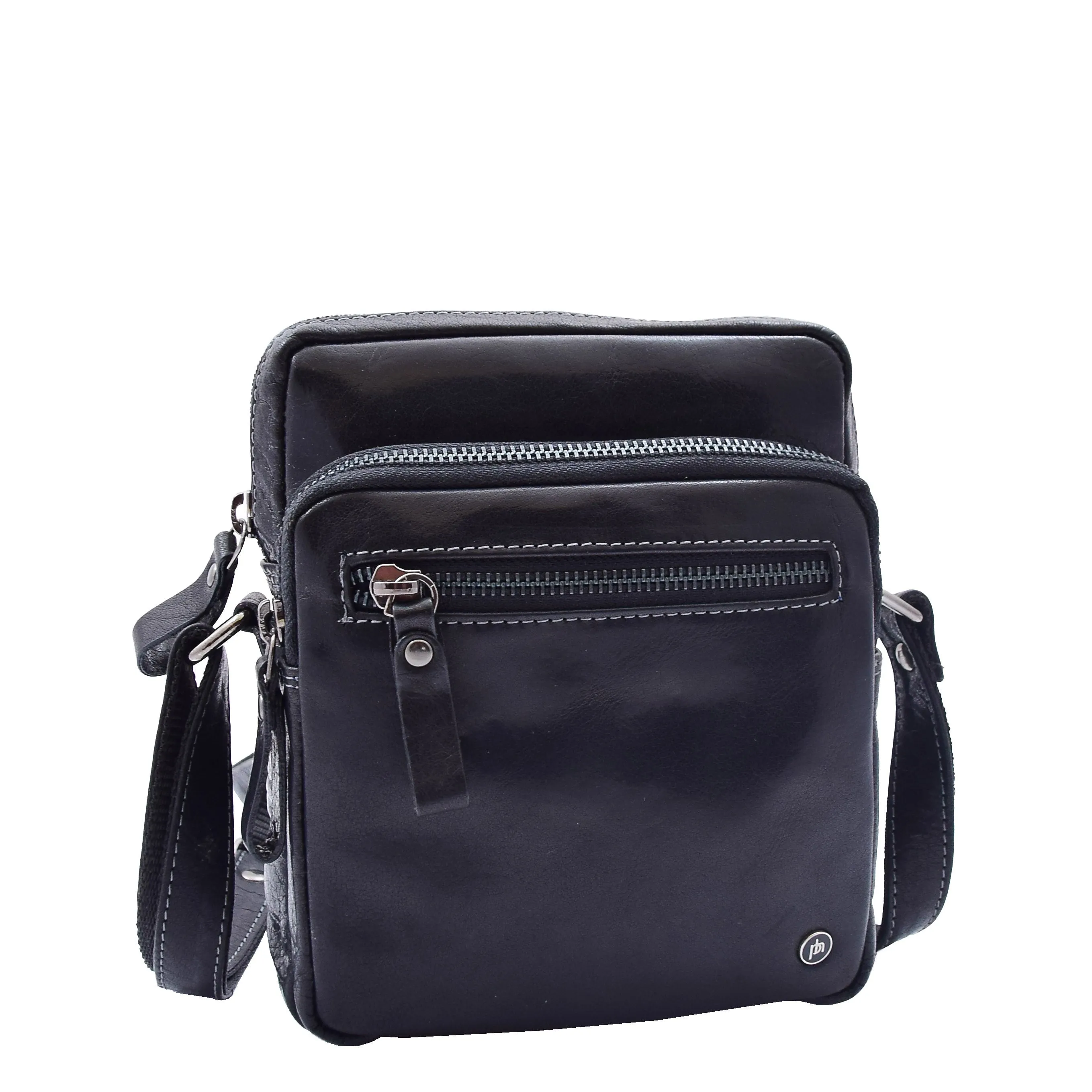 Mens Black Leather Cross Body Flight Bag Multi Zip Pockets Pouch Cooper