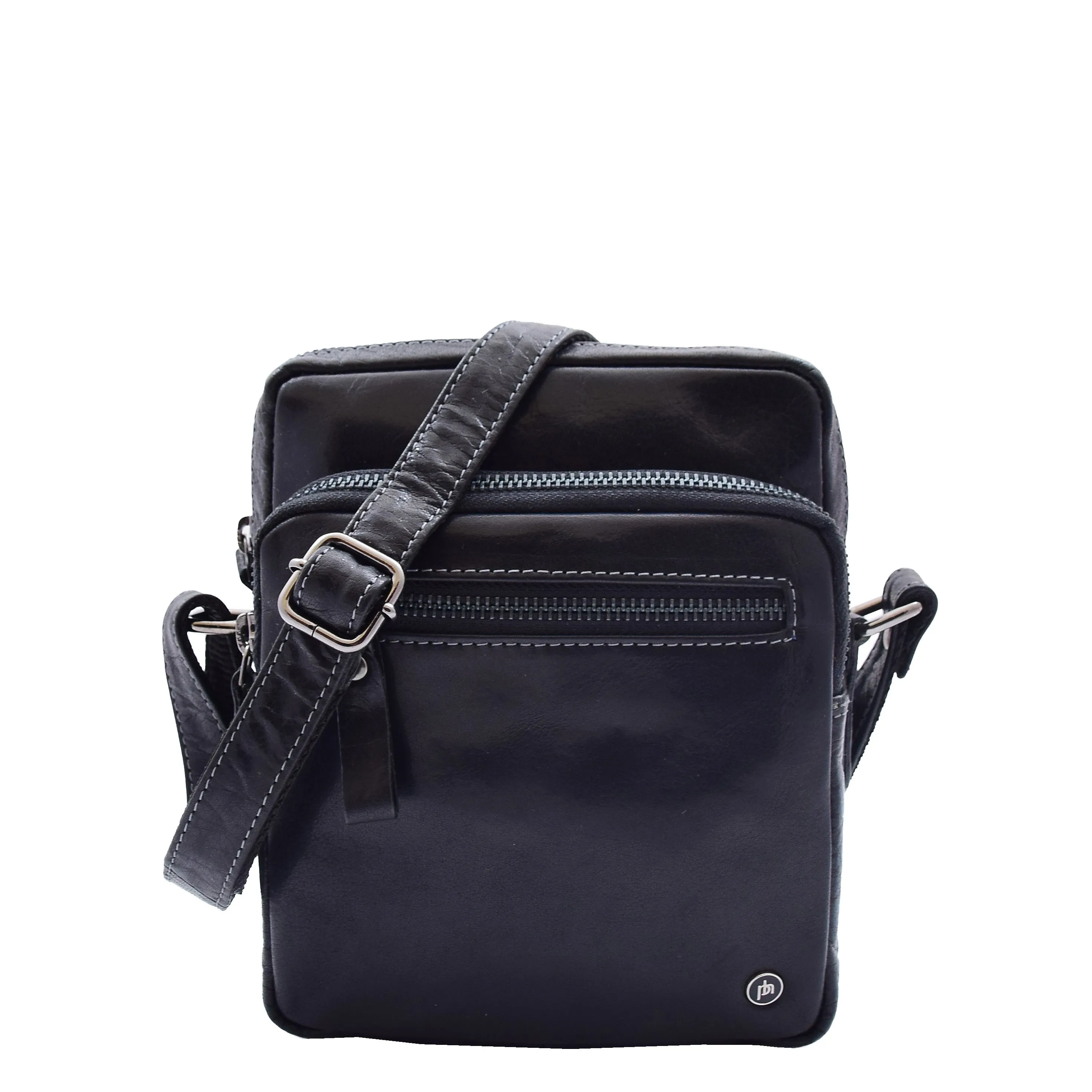 Mens Black Leather Cross Body Flight Bag Multi Zip Pockets Pouch Cooper