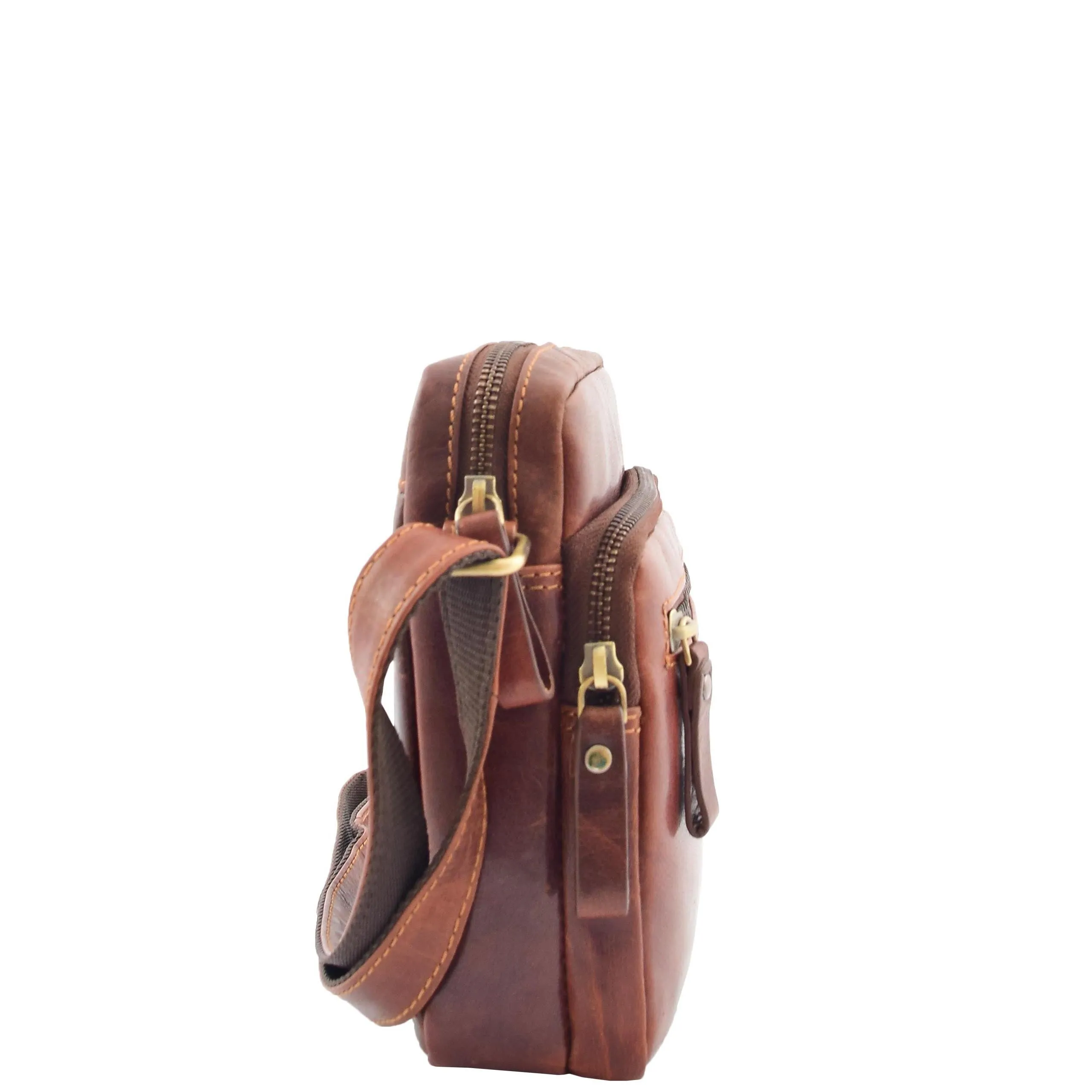Mens Brown Leather Cross Body Flight Bag Multi Zip Pockets Pouch Cooper