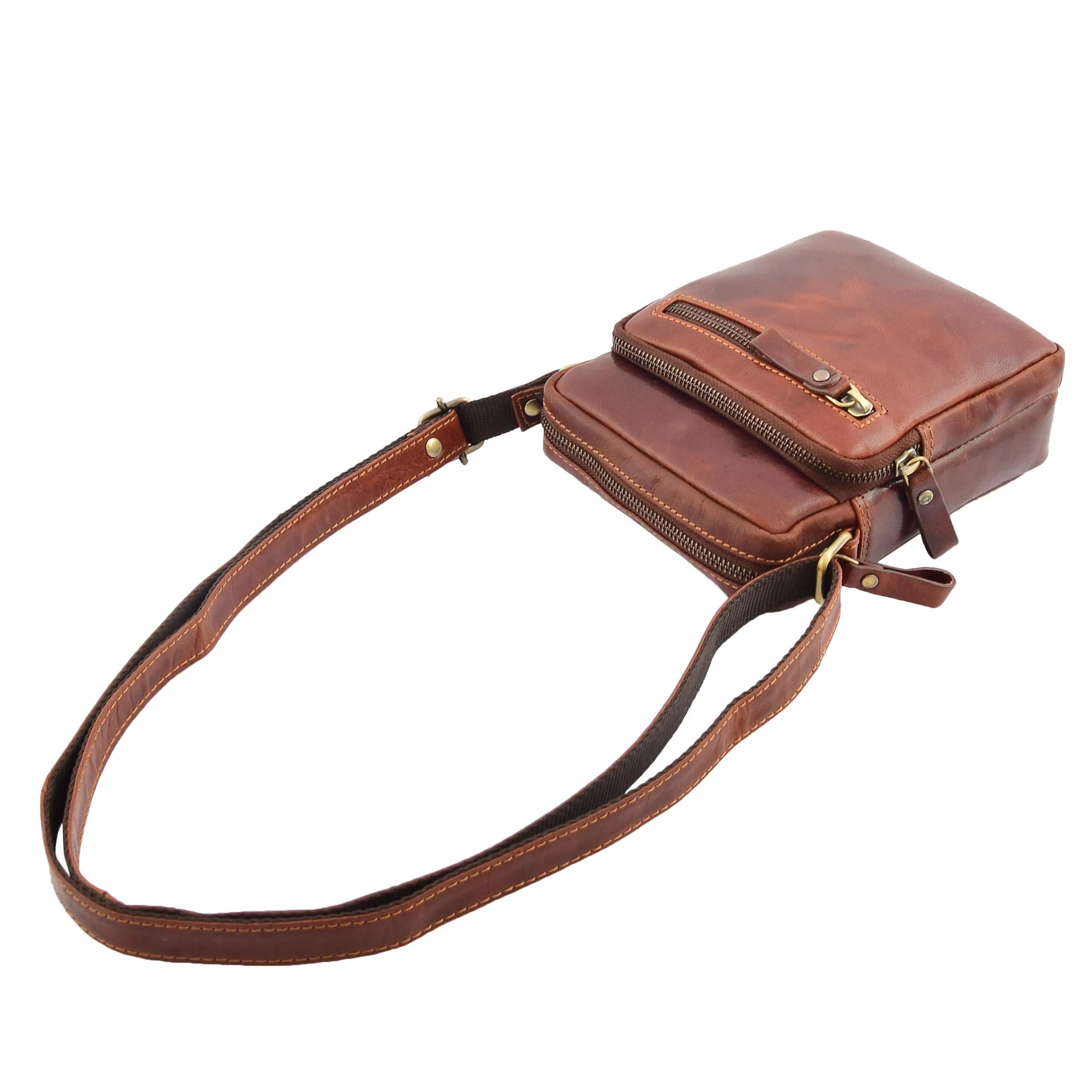 Mens Brown Leather Cross Body Flight Bag Multi Zip Pockets Pouch Cooper