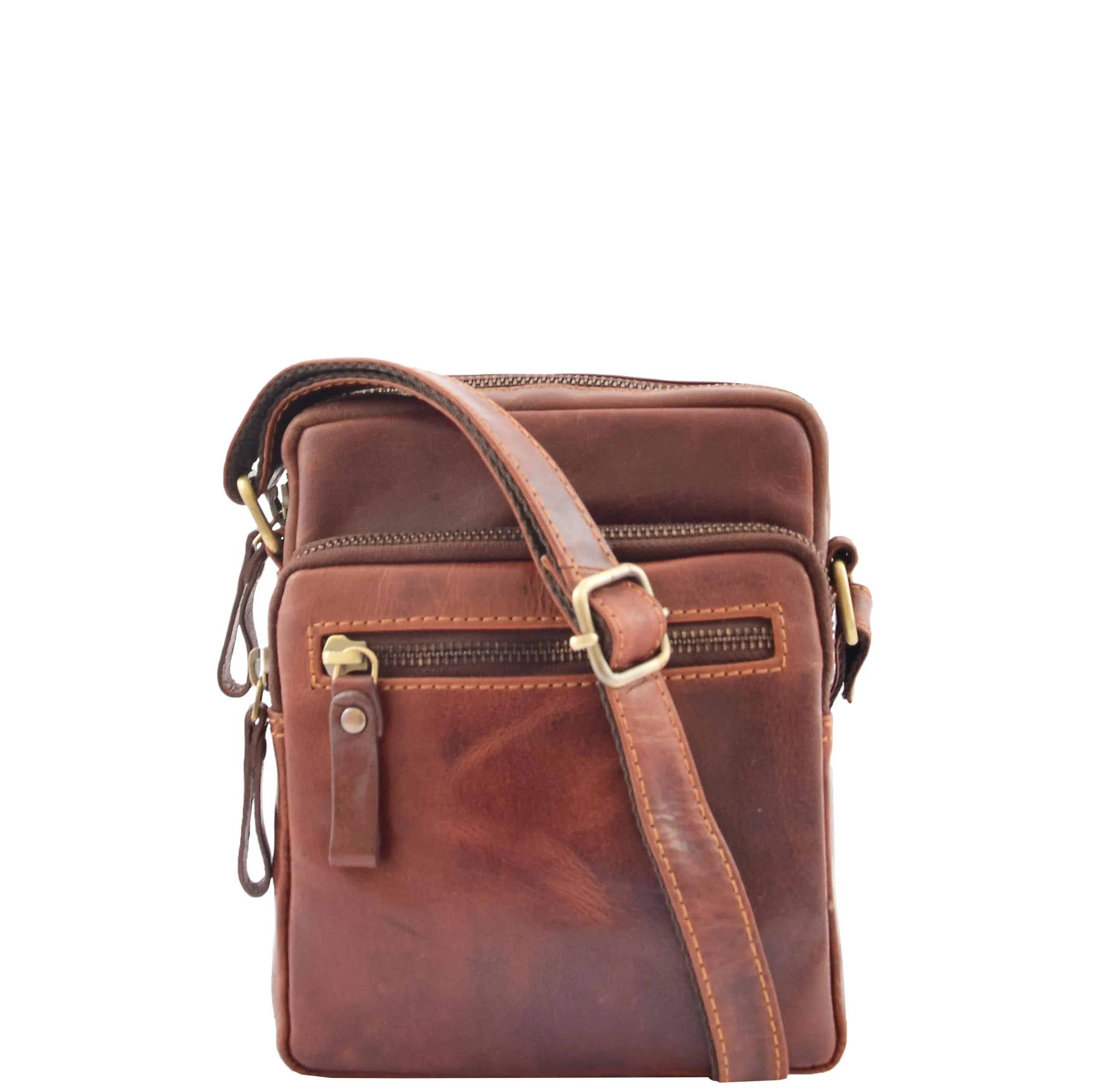 Mens Brown Leather Cross Body Flight Bag Multi Zip Pockets Pouch Cooper