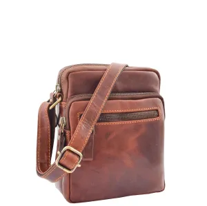 Mens Brown Leather Cross Body Flight Bag Multi Zip Pockets Pouch Cooper