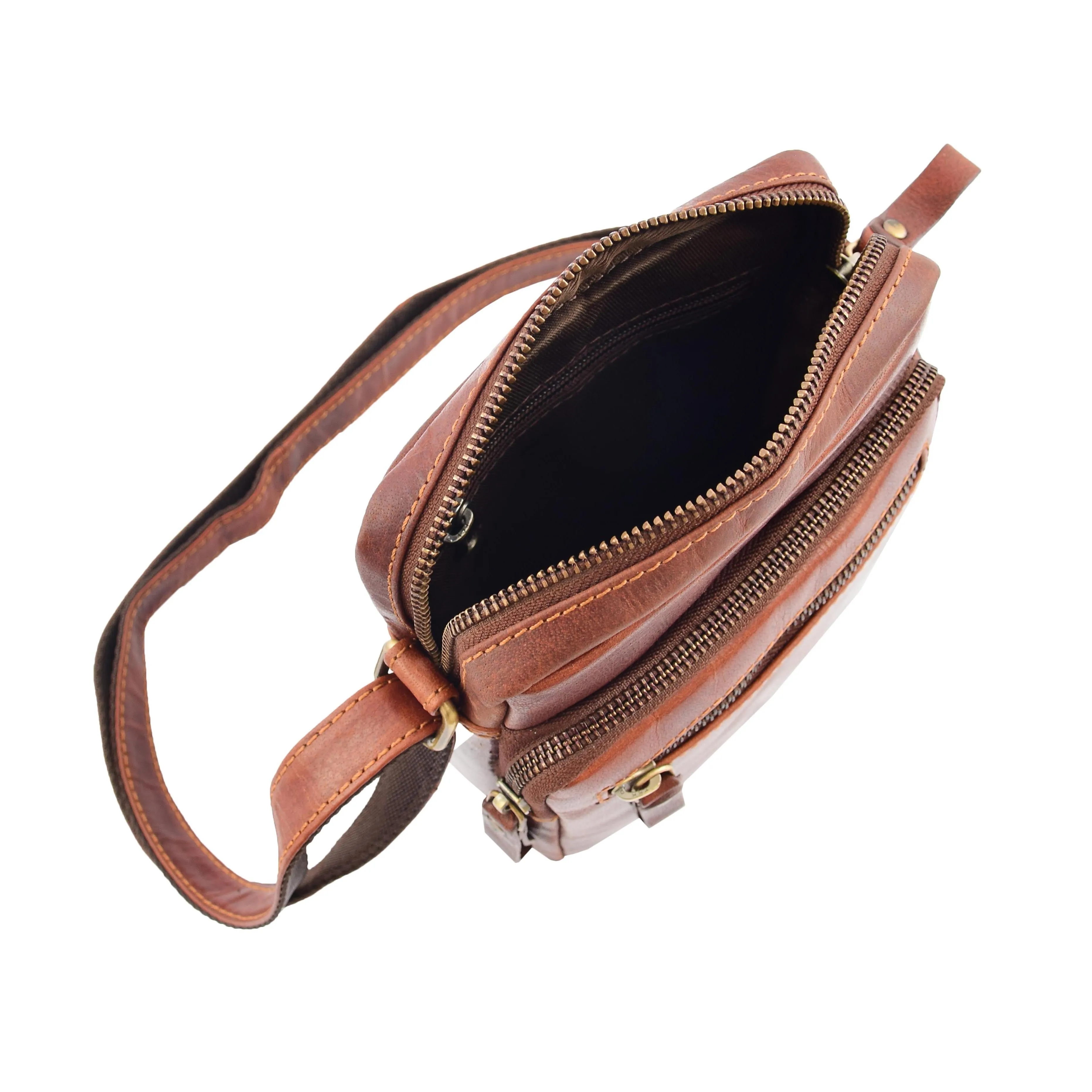 Mens Brown Leather Cross Body Flight Bag Multi Zip Pockets Pouch Cooper
