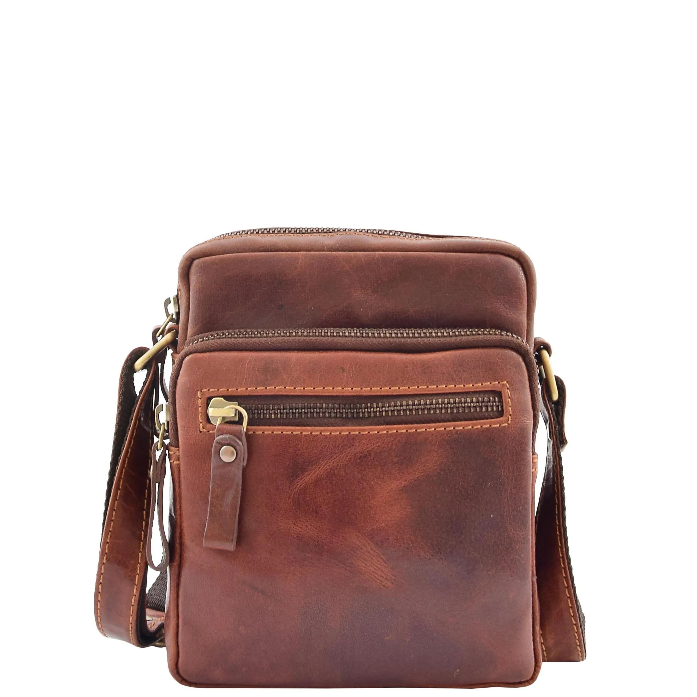 Mens Brown Leather Cross Body Flight Bag Multi Zip Pockets Pouch Cooper