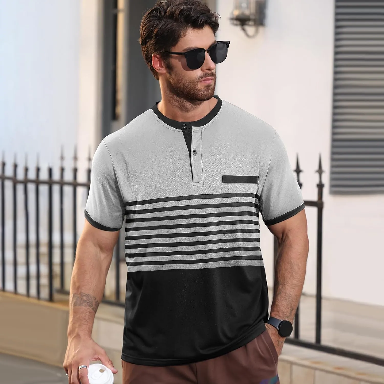 Men's Casual Henley Short Sleeves Stripe Color Blocking Quarter Buttoned Classic fit T-Shirt