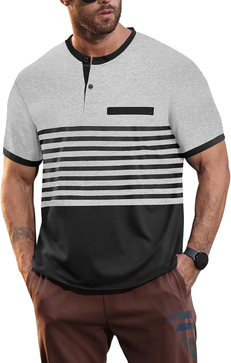 Men's Casual Henley Short Sleeves Stripe Color Blocking Quarter Buttoned Classic fit T-Shirt