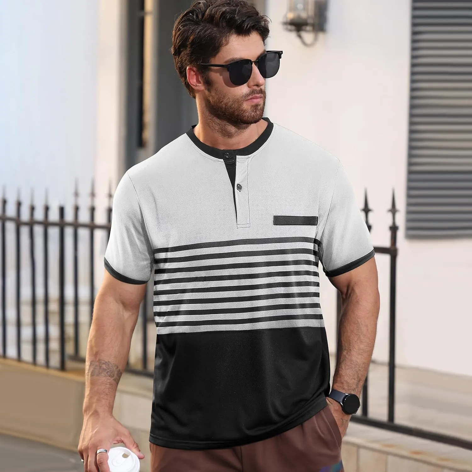 Men's Casual Henley Short Sleeves Stripe Color Blocking Quarter Buttoned Classic fit T-Shirt