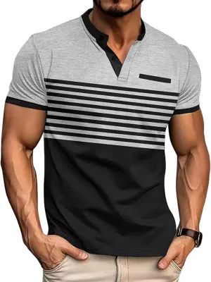 Men's Casual Henley Short Sleeves Stripe Color Blocking Quarter Buttoned Classic fit T-Shirt