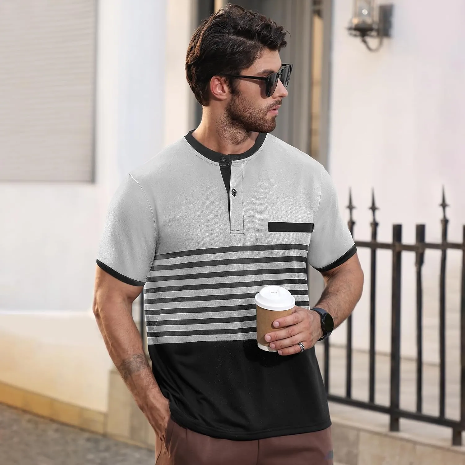 Men's Casual Henley Short Sleeves Stripe Color Blocking Quarter Buttoned Classic fit T-Shirt