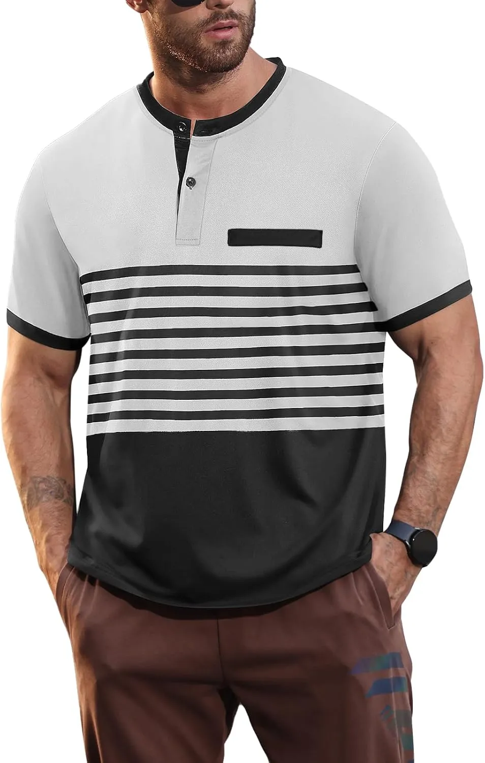 Men's Casual Henley Short Sleeves Stripe Color Blocking Quarter Buttoned Classic fit T-Shirt
